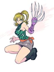 Rule 34 | 1girl, artist request, bare legs, bare shoulders, blonde hair, breasts, claws, curvy, elly (shaman king), full body, green eyes, hair bobbles, hair ornament, kunai, large breasts, long hair, looking at viewer, ponytail, shaman king, shiny skin, side ponytail, skirt, very long hair, weapon, white background, wide hips