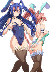 Rule 34 | 10s, 2girls, animal ears, ass, bare shoulders, black legwear, blue eyes, blue hair, blush, breasts, cleavage, closed mouth, covered navel, detached collar, embarrassed, fake animal ears, groin, highres, kazanari tsubasa, leotard, long hair, looking at viewer, maria cadenzavna eve, medium breasts, multiple girls, official style, pink hair, playboy bunny, ponytail, rabbit ears, rabbit tail, senki zesshou symphogear, shiny skin, sideboob, small breasts, smile, sweatdrop, syunzou, tail, thighhighs, white background, wrist cuffs