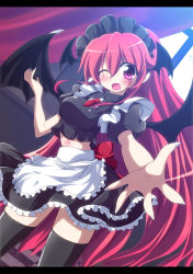 Rule 34 | 1girl, alternate costume, apron, bat wings, black hair, blush, bow, embodiment of scarlet devil, enmaided, female focus, geo (yukishitadou), head wings, koakuma, long hair, maid, maid apron, maid headdress, midriff, narrow waist, navel, necktie, one eye closed, open mouth, outstretched hand, red eyes, red hair, red necktie, shirt, skirt, skirt set, solo, touhou, very long hair, window, wings, wink