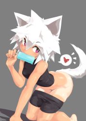 Rule 34 | 1girl, all fours, animal ears, ass, barefoot, bike shorts, breasts, clothes pull, deel (rkeg), fang, food, grey background, hair between eyes, heart, highres, legs together, marinya, mouth hold, original, popsicle, purple eyes, shorts, shorts pull, shorts tan, sleeveless, small breasts, solo, spoken heart, sweat, tail, tan, tanline, white hair, wolf ears, wolf tail