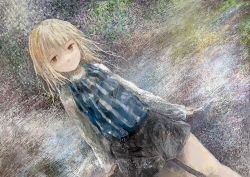 Rule 34 | 1girl, abstract background, arms at sides, blonde hair, blurry, dutch angle, expressionless, faux traditional media, long hair, looking at viewer, original, rhodomina, shorts, solo, vest