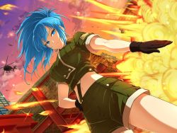 Rule 34 | 1girl, aircraft, blue eyes, blue hair, breasts, crossover, earrings, explosion, gloves, helicopter, jewelry, large breasts, leona heidern, long hair, looking at viewer, midriff, navel, official art, ponytail, senran kagura, senran kagura new wave, serious, the king of fighters, toy block, yaegashi nan