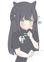 Rule 34 | 1girl, :t, absurdres, aged down, animal ear fluff, animal ears, black dress, black hair, blue archive, blush, china dress, chinese clothes, closed mouth, dress, green eyes, hand up, highres, long hair, pout, roido (taniko-t-1218), short sleeves, shun (blue archive), shun (small) (blue archive), simple background, solo, squiggle, upper body, v-shaped eyebrows, very long hair, white background