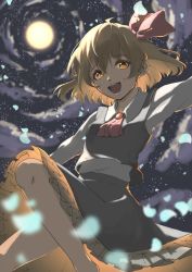 Rule 34 | 1girl, black skirt, black vest, blonde hair, collared shirt, frilled skirt, frills, highres, long sleeves, medium hair, necktie, night, night sky, outdoors, outstretched arms, pisces 2355, red eyes, red necktie, rumia, shirt, skirt, skirt set, sky, smile, solo, spread arms, touhou, vest, white shirt
