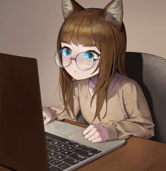 Rule 34 | 1girl, animal ear fluff, animal ears, bad id, bad pixiv id, blunt bangs, brown hair, brown sweater, cat ears, chair, closed mouth, commentary, computer, derivative work, dongho kang, english commentary, glasses, green eyes, highres, indoors, laptop, long hair, long sleeves, looking at screen, meme, open mouth, original, photo-referenced, photo inset, real life, reference inset, reflection, rimless eyewear, round eyewear, sitting, solo, sweater, upper body