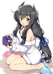 Rule 34 | 1girl, alternate costume, bare legs, barefoot, black hair, blush, gamecube controller, green eyes, hair between eyes, headgear, holding, i-47 (kancolle), kantai collection, long hair, long sleeves, low-tied long hair, odawara hakone, off-shoulder sweater, off shoulder, open mouth, sidelocks, simple background, sitting, slippers, solo, sweater, wariza, white background, white sweater