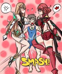 1boy 2girls ball_busting kneeing multiple_girls mythra_(xenoblade) ocigart pyra_(xenoblade) tagme