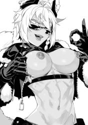 Rule 34 | 1girl, animal ears, bra, bra lift, breasts, chest strap, cnanao, cropped jacket, dark skin, fangs, fur trim, gloves, greyscale, heart, heart-shaped pupils, long sleeves, midriff, monochrome, navel, nipple piercing, nipple rings, nipples, ok sign, original, piercing, short hair, sunglasses, symbol-shaped pupils, tail, toned, tongue, tongue out, underwear, white hair