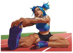 Rule 34 | 1girl, bike shorts, black shorts, blonde hair, blue hair, breasts, brown eyes, commentary, crop top, dark-skinned female, dark skin, english commentary, head tilt, highres, jeremy anninos, medium breasts, multicolored hair, muscular, muscular female, neon (valorant), running track, shoes, shorts, sitting, smile, sneakers, solo, streaked hair, two side up, valorant