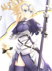 Rule 34 | 1girl, armor, armored dress, bad id, bad pixiv id, banner, black ribbon, blonde hair, blue dress, blue eyes, blue thighhighs, braid, cowboy shot, dress, fate/apocrypha, fate (series), feathers, floating hair, gauntlets, hair ribbon, hand on hilt, holding, holding weapon, jeanne d&#039;arc (fate), jeanne d&#039;arc (ruler) (fate), long hair, nankaichimu, ponytail, ribbon, sheath, sheathed, simple background, single braid, solo, standing, sword, thighhighs, very long hair, weapon, white background