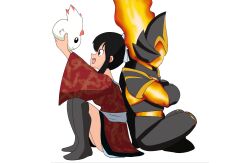 Rule 34 | armor, armored bodysuit, artist request, baby, background removed, black hair, crossed arms, curimon, digimon, digimon (creature), digimon ghost game, fire, game cg, hair ornament, helmet, high school dxd, highres, himejima suzaku, holding baby, horns, japanese clothes, kimono, metal armor, monster boy, mother and child, mother and son, on floor, red eyes, sash, slash/dog, socks, studiodrawz