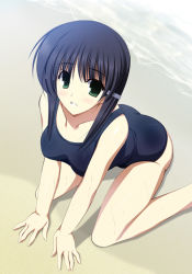 Rule 34 | 00s, 1girl, all fours, beach, blue hair, blush, breasts, breasts squeezed together, dutch angle, female focus, green eyes, hair ornament, hairclip, ilfa (to heart), large breasts, nakata suzume, natsuiro komachi, one-piece swimsuit, outdoors, school swimsuit, smile, solo, swimsuit, to heart (series), to heart 2, wet, yuuki makoto (radiant)