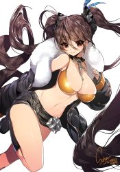 Rule 34 | 1girl, bad id, bad twitter id, belt, bikini, bikini top only, black legwear, blush, boots, breasts, brown eyes, brown hair, buckle, chain, cleavage, collar, feathers, female focus, fur trim, hair between eyes, jacket, knee boots, korean text, large breasts, legs folded, long hair, miniskirt, open clothes, open jacket, original, scrunchie, signature, simple background, skirt, sleeves past wrists, smile, solo, sukja, swimsuit, twintails, very long hair, white background