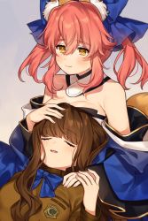 Rule 34 | 2girls, animal ear fluff, animal ears, bad id, bad pixiv id, bare shoulders, blue bow, blue kimono, blue sleeves, blush, bow, breasts, brown eyes, brown hair, brown jacket, closed eyes, closed mouth, commentary request, detached sleeves, fate/extra, fate (series), fingernails, fox ears, fox girl, fox tail, grey background, hair between eyes, hair bow, hand on another&#039;s head, jacket, japanese clothes, karokuchitose, kimono, kishinami hakuno (female), large breasts, long sleeves, multiple girls, parted lips, pink hair, school uniform, smile, strapless, tail, tamamo (fate), tamamo no mae (fate/extra), tsukumihara academy uniform (fate/extra), twintails, wide sleeves