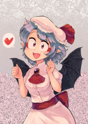 Rule 34 | 1girl, ascot, bat wings, bow, brooch, carte, collared shirt, eyeshadow, frilled shirt collar, frilled sleeves, frills, hat, hat ribbon, heart, highres, jewelry, light purple hair, makeup, mob cap, pink hat, pink shirt, puffy short sleeves, puffy sleeves, purple hair, red ascot, red bow, red eyes, red eyeshadow, red ribbon, remilia scarlet, ribbon, shirt, short hair, short sleeves, solo, speech bubble, spoken heart, touhou, wings