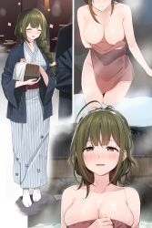 Rule 34 | 1girl, :d, ^ ^, ahoge, bath yukata, bathing, blue kimono, blush, braid, breasts, brown eyes, bucket, cleavage, closed eyes, collarbone, comic, commentary request, covering privates, egasumi, fpanda, groin, hair ornament, hair over shoulder, hair scrunchie, highres, holding, holding bucket, idolmaster, idolmaster shiny colors, japanese clothes, kimono, kuwayama chiyuki, large breasts, long hair, long sleeves, looking at viewer, nude, nude cover, onsen, open clothes, open mouth, parted lips, rock, scrunchie, silent comic, single braid, smile, steam, striped clothes, striped kimono, tabi, wading, water, white legwear, wide sleeves, wooden bucket, yukata