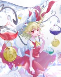 Rule 34 | 1girl, ascot, blonde hair, cowboy shot, crystal wings, dress, flandre scarlet, from side, hand up, hat, hat ribbon, highres, nail polish, plumshk, puffy short sleeves, puffy sleeves, red dress, red eyes, red nails, red ribbon, ribbon, short sleeves, simple background, solo, touhou, water drop, white background, white mob cap, yellow ascot