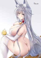 Rule 34 | 1girl, animal ear fluff, animal ears, artist name, ass, azur lane, bare shoulders, bell, bikini, breasts, collar, elbow gloves, fox ears, from behind, gloves, grey background, heart, heart-shaped pupils, highres, holding, large breasts, long hair, looking at viewer, looking back, manjuu (azur lane), neck bell, pixiv username, red collar, seductive smile, shinano (azur lane), simple background, sitting, smile, solo, swimsuit, symbol-shaped pupils, thighhighs, thighs, tnolize, untied bikini, white bikini, white gloves, white thighhighs