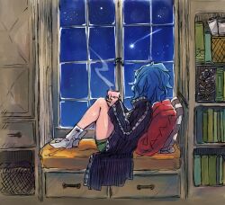 Rule 34 | 1girl, blue hair, book, borrowed clothes, character sheet, cup, drink, fairy tail, holding, holding cup, jacket, levy mcgarden, library, mug, night, night sky, non-web source, pillow, rusky, shooting star, short hair, sky, solo, solo focus, star (sky)