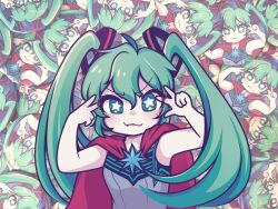 Rule 34 | 1girl, blue brooch, blue eyes, blue hair, brooch, cape, closed mouth, commentary, english commentary, fang, fang out, grey shirt, hair between eyes, hair ornament, hampupy, hatsune miku, hatsune miku expo, highres, jewelry, long hair, looking at viewer, m@gical cure! love shot! (vocaloid), medium bangs, red cape, shirt, sleeveless, sleeveless shirt, smile, star-shaped pupils, star (symbol), star brooch, symbol-shaped pupils, twintails, upper body, v, v-shaped eyebrows, vocaloid