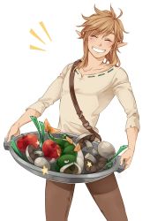 Rule 34 | 1boy, apple, blonde hair, blush, closed eyes, eyebrows, fish, food, fruit, grin, highres, link, male focus, mushroom, nintendo, pointy ears, ponytail, ruebird, smile, solo, spring onion, star (symbol), swept bangs, the legend of zelda, the legend of zelda: breath of the wild, thick eyebrows, vegetable, white background