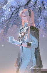 Rule 34 | 1boy, arknights, black cape, blue eyes, blue flower, bolo tie, braid, cape, clock, coat, collared shirt, cowboy shot, cup, falling petals, flower, forehead jewel, from side, gloves, hair ribbon, head wings, highres, holding, holding cup, holding saucer, infection monitor (arknights), junchao, long hair, looking ahead, male focus, orange hair, parted bangs, parted lips, passenger (arknights), petals, profile, ribbon, saucer, shirt, side braid, solo, steam, tree, tress ribbon, white coat, white gloves, wings