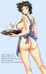 Rule 34 | 00s, 1girl, apron, areola slip, ass, black hair, blush, breasts, character profile, covered erect nipples, cup, dessert, drink, drinking glass, embarrassed, english text, food, from behind, highres, holding, ice cream, kneepits, large breasts, legs, looking back, maggie mui, messy hair, naked apron, purple eyes, r.o.d the tv, read or die, short hair, sideboob, simple background, solo, standing, sweatdrop, ta152 (graf zeppelin), tray, waitress