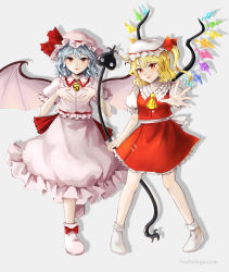 Rule 34 | 2girls, absurdres, ascot, back bow, bat wings, blonde hair, blouse, blue hair, blush, bow, breasts, closed mouth, collared shirt, commentary request, crystal, embodiment of scarlet devil, eyelashes, flandre scarlet, footwear bow, frilled shirt, frilled skirt, frills, happy, hat, hat ribbon, highres, hoshiringo0902, laevatein (touhou), lips, looking at viewer, medium hair, mob cap, multiple girls, no shoes, one side up, outstretched arm, pink footwear, pink headwear, pink skirt, puffy short sleeves, puffy sleeves, red eyes, red ribbon, red skirt, red vest, remilia scarlet, ribbon, shirt, short hair, short sleeves, siblings, side ponytail, simple background, sisters, skirt, small breasts, smile, socks, standing, touhou, vampire, vest, wavy hair, white background, white bow, white headwear, white shirt, white socks, wings, yellow ascot