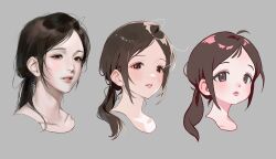 1girl ahoge anime_coloring blush brown_eyes brown_hair bsgkstnals03 collarbone comparison ear_blush grey_background highres light_blush multiple_views original painterly parted_bangs parted_lips pink_lips ponytail realistic sidelocks style_study three_quarter_view