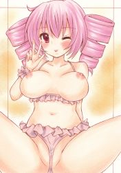 Rule 34 | 1girl, absurdres, alternate hair color, blush, breasts, drill hair, highres, kasane teto, large breasts, looking at viewer, medium hair, navel, nipples, one eye closed, partially visible vulva, pink hair, red eyes, solo, spread legs, tongue, tongue out, traditional media, twin drills, twintails, utau, v, waitan1729, wink