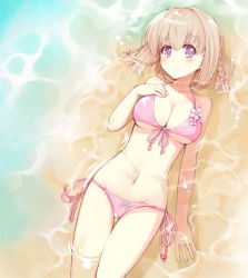 Rule 34 | 1girl, ar tonelico, ar tonelico iii, beach, bikini, blush, braid, breasts, brown hair, cleavage, day, flower, from above, front-tie top, groin, hand on own chest, kamoto tatsuya, large breasts, lying, navel, on back, outdoors, pink bikini, purple eyes, saki (ar tonelico), short hair, side-tie bikini bottom, smile, solo, submerged, swimsuit, twin braids, underboob, water