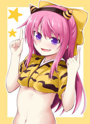 Rule 34 | 1girl, animal print, bow, breasts, crop top, fang, hair bow, hairband, horns, ichimi, kamikaze (kancolle), kantai collection, long hair, pink hair, pointing, pointing up, purple eyes, solo, tiger print, underboob, upper body, yellow bow