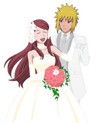 Rule 34 | 1boy, 1girl, blonde hair, bouquet, dress, elbow gloves, flower, formal, gloves, hair flower, hair ornament, happy, husband and wife, long hair, namikaze minato, naruto (series), naruto shippuuden, official art, red hair, simple background, spiked hair, suit, uzumaki kushina, wedding dress, white gloves