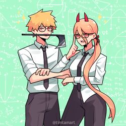 Rule 34 | 1boy, 1girl, absurdres, axe, black necktie, black pants, blonde hair, chainsaw man, collared shirt, cross-shaped pupils, crossed arms, denji (chainsaw man), glasses, green background, hair between eyes, hair ribbon, highres, horns, long hair, looking at viewer, math, necktie, open mouth, orange eyes, pants, ponytail, power (chainsaw man), red horns, ribbon, sharp teeth, shirt, shirt partially tucked in, shirt tucked in, short hair, simple background, sleeves rolled up, symbol-shaped pupils, teeth, timtam, twitter username, weapon in mouth, white shirt