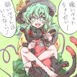 Rule 34 | +++, 1girl, barefoot, between legs, black headwear, blush, bow, bright pupils, cat, cat between legs, cheken, crossed ankles, green background, green skirt, hat, hat bow, hat ribbon, kaenbyou rin, kaenbyou rin (cat), komeiji koishi, leg lock, light green hair, long hair, long sleeves, looking at viewer, motion lines, multiple tails, open mouth, red eyes, ribbon, shirt, skirt, speech bubble, tail, touhou, translation request, two tails, wavy hair, white pupils, wide sleeves, yellow bow, yellow ribbon, yellow shirt