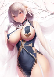 Rule 34 | 1girl, azur lane, braid, breast curtains, breasts, china dress, chinese clothes, cleavage, covered erect nipples, dress, garter straps, gloves, grey dress, hair between eyes, half gloves, highres, large breasts, masatoki, pelvic curtain, red eyes, revealing clothes, see-through, short hair, side braid, sirius (azur lane), sirius (azure horizons) (azur lane), solo, white gloves, white hair
