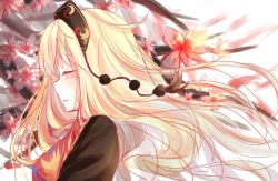 Rule 34 | 1girl, blonde hair, blush, breasts, closed eyes, closed mouth, crescent, floating hair, floral background, from side, hat, highres, junko (touhou), large breasts, light smile, long hair, profile, solo, tabard, touhou, upper body, yilocity
