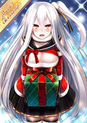 Rule 34 | 10s, 1girl, :d, abyssal ship, adapted costume, aircraft carrier oni, alternate costume, box, breasts, carrying, cleavage, colored skin, fuuki (te fuukin), gift, gift box, kantai collection, looking at viewer, merry christmas, one side up, open mouth, orange eyes, smile, solo, white hair, white skin