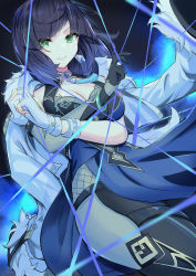 Rule 34 | 1girl, absurdres, bead choker, black hair, blue eyes, breasts, chinese clothes, choker, cleavage, coat, coat on shoulders, commentary request, crossed arms, dice, earrings, fur-trimmed coat, fur trim, genshin impact, highres, jewelry, large breasts, looking at viewer, parted bangs, short hair, sidelocks, sleeveless, smile, solo, string, tobikaze89, yelan (genshin impact)