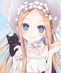 Rule 34 | 1girl, abigail williams (fate), abigail williams (swimsuit foreigner) (fate), abigail williams (swimsuit foreigner) (third ascension) (fate), absurdres, animal, animal on shoulder, bikini, black cat, blonde hair, blue eyes, blush, bonnet, bow, braid, cat, cat on shoulder, fate/grand order, fate (series), highres, long hair, looking at viewer, parted bangs, smile, solo, strapless, strapless bikini, swimsuit, upper body, white bikini, white bow, white headwear, yamuimo