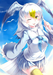 Rule 34 | 10s, 1girl, absurdres, bird, bird tail, bird wings, blonde hair, commentary, common gull (kemono friends), day, frilled sleeves, frills, hair between eyes, head wings, highres, kanzakietc, kemono friends, long hair, long sleeves, multicolored hair, neckerchief, pleated skirt, seagull, skirt, solo, tail, thighhighs, vest, white hair, wings, yellow thighhighs