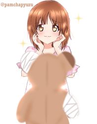 Rule 34 | 10s, 1girl, bandages, blurry, blurry foreground, boko (girls und panzer), brown eyes, brown hair, closed mouth, commentary, depth of field, excited, girls und panzer, hands on own face, lips, looking at viewer, nishizumi miho, one-hour drawing challenge, pajamas, pamchapyuzu, pink shirt, shirt, short hair, short sleeves, smile, solo, sparkle, standing, stuffed animal, stuffed toy, teddy bear, twitter username, white background