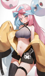 Rule 34 | 1girl, :d, absurdres, bare shoulders, berserker r, black thighhighs, blue hair, blush, bow-shaped hair, breasts, character hair ornament, covered erect nipples, cowboy shot, creatures (company), crop top, game freak, gen 1 pokemon, gradient eyes, grey shirt, hair ornament, hand up, heart, heart-shaped pupils, highres, impossible clothes, impossible shirt, iono (pokemon), jacket, long hair, long sleeves, looking at viewer, magnemite, medium breasts, multicolored eyes, multicolored hair, nintendo, open mouth, oversized clothes, pink hair, pokemon, pokemon sv, shirt, sidelocks, simple background, single thighhigh, sleeveless, sleeveless shirt, sleeves past fingers, sleeves past wrists, smile, solo, symbol-shaped pupils, thigh strap, thighhighs, thighs, twintails, two-tone hair, very long hair, very long sleeves, white background, wide sleeves, yellow jacket