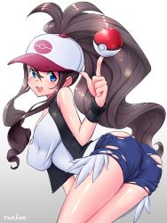 Rule 34 | 10s, 1girl, alternate breast size, ass, balancing, baseball cap, blue eyes, breasts, brown hair, creatures (company), denim, denim shorts, from behind, game freak, hat, highres, hilda (pokemon), huge breasts, index finger raised, large breasts, leaning forward, long hair, looking back, nintendo, open mouth, poke ball, pokemon, pokemon bw, ponytail, ranken, shirt, short shorts, shorts, smile, solo, torn clothes, torn shorts, very long hair, vest