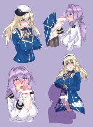 Rule 34 | 10s, 1futa, 1girl, atago (kancolle), bar censor, blonde hair, blush, breasts, censored, clothes pull, fellatio, female admiral (kancolle), futa with female, futanari, gloved handjob, gloves, handjob, highres, kantai collection, lactation, lactation through clothes, large breasts, licking, licking penis, long hair, mizuumi (bb), multiple girls, no testicles, open mouth, oral, pantyhose, pantyhose pull, penis, purple background