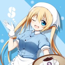 Rule 34 | 1girl, ;d, apron, blend s, blonde hair, blue background, blue eyes, blue shirt, blue sky, blush, breasts, coffee, collared shirt, cup, frilled apron, frills, gloves, hair between eyes, head scarf, highres, hinata kaho, holding, holding tray, kuena, long hair, looking at viewer, medium breasts, one eye closed, open mouth, puffy short sleeves, puffy sleeves, saucer, shirt, short sleeves, sky, smile, solo, stile uniform, tray, twintails, uniform, very long hair, waist apron, wavy mouth, white apron, white gloves