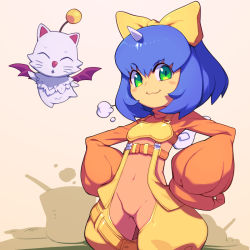 Rule 34 | 1girl, :3, blue hair, blush stickers, bodysuit, bow, closed mouth, covered navel, creature, eiko carol, final fantasy, final fantasy ix, flat chest, green eyes, hair between eyes, hair bow, hands on own hips, horns, looking at viewer, metata, moogle, pink bodysuit, short hair, single horn, yellow bow