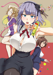 Rule 34 | 3girls, :o, ^ ^, aoi manabu, apron, armpits, bare shoulders, blonde hair, blue eyes, breasts, brown eyes, brown hair, bursting breasts, cleavage, closed eyes, commentary request, dagashi kashi, ear piercing, earrings, endou saya, eyelashes, eyeliner, glasses, grin, hair ornament, hairband, jewelry, large breasts, looking at viewer, makeup, multiple girls, nail polish, open mouth, owari hajime, pantyhose, piercing, purple hair, red nails, shidare hotaru, skirt, sleeveless, small breasts, smile