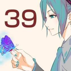 Rule 34 | 1girl, 39, aqua eyes, aqua hair, bad id, bad twitter id, bug, butterfly, hatsune miku, bug, smile, solo, vocaloid, yamada (gotyui)