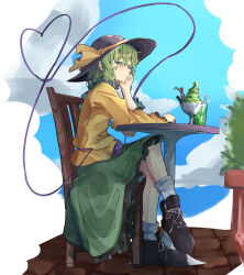 Rule 34 | 1girl, black footwear, black hat, blue eyes, blue sky, blush, closed mouth, cloud, commentary request, cross-laced footwear, crossed legs, day, drink, floral print, food, frilled skirt, frilled sleeves, frills, from side, full body, green hair, green skirt, hair between eyes, hand up, hat, hat ribbon, heart, heart of string, highres, ice, ice cream, ice cube, kanaria (bocmn), komeiji koishi, long sleeves, looking at viewer, medium hair, outdoors, print skirt, ribbon, rose print, shirt, shoes, sitting, skirt, sky, smile, solo, split mouth, third eye, touhou, yellow ribbon, yellow shirt